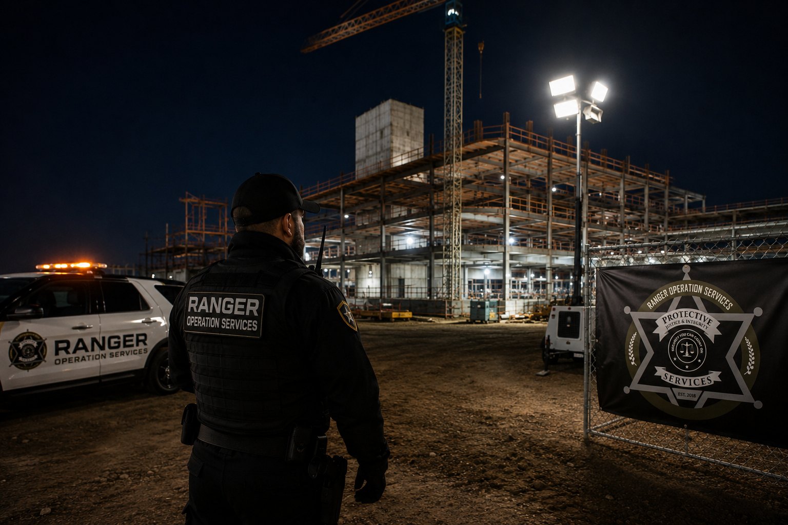 Ranger Operation Services security guard on night patrol at a Florida construction site, with marked patrol SUV and floodlit steel structure